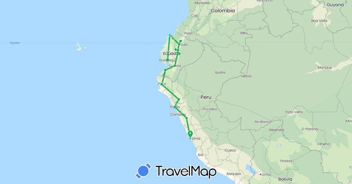 TravelMap itinerary: bus, plane, boat in Ecuador, Peru (South America)